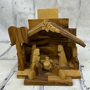 Brutalist Wood Carved Nativity Holy Family Creche Christmas